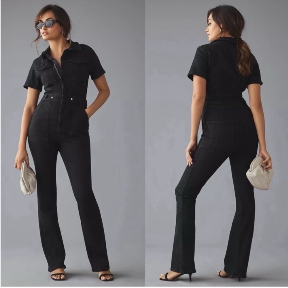 Good American Black Short-Sleeve Denim Jumpsuit